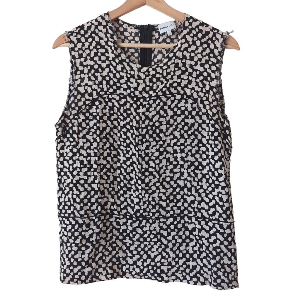 Bimba y Lola Sleeveless‎ Blouse Womens Medium Black White Viscose Top Fringe Raw